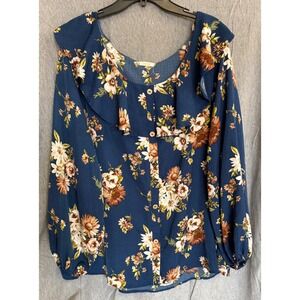 ODDI 3XL Floral Ruffle Cottagecore Coastal Grandma Navy Blue Balloon Sleeve